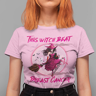 Alternative view of This Witch Beat Breast Cancer T-shirt - V-neck - Halloween Breast Cancer Awareness Witch Pink Ribbon Shirt