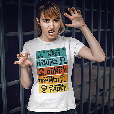 Alternative view of Halloween Serial Killers Gacy Ramirez Bundy Dahmer Rader Bright T-Shirt - Scary Horror True Crime V-Neck Tee