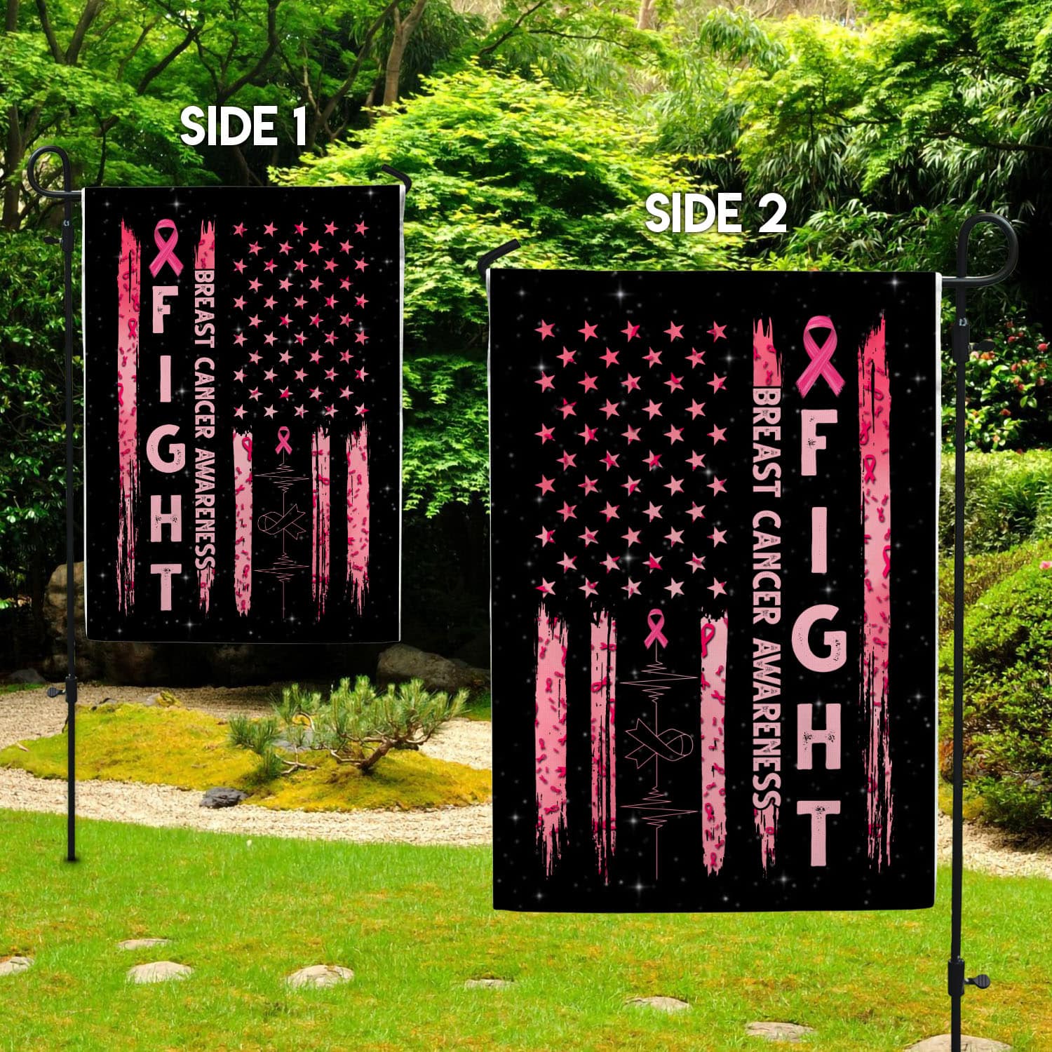 2UT. Fight Breast Cancer Side 1 Garden Flag Mockup 2 Side
