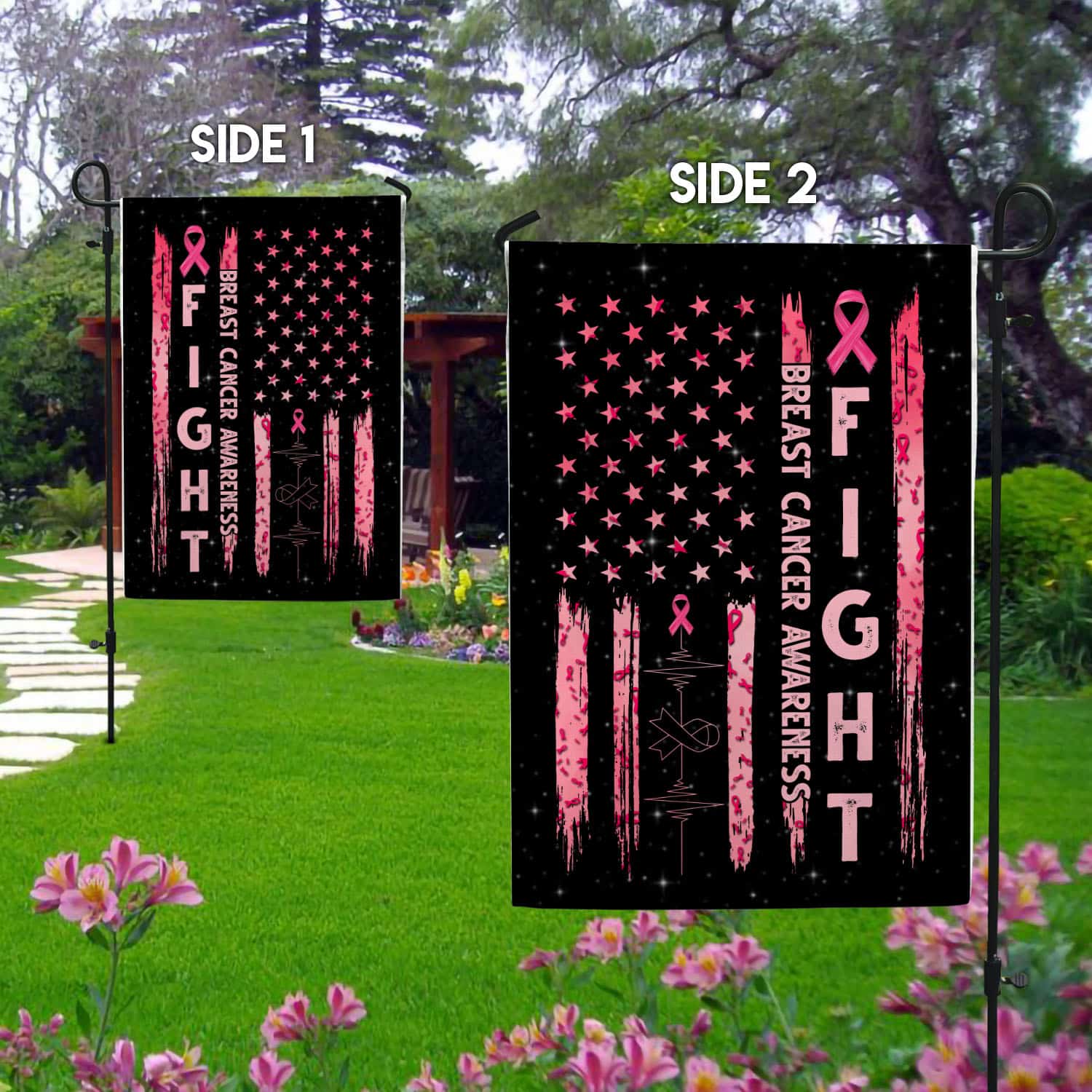 2UT. Fight Breast Cancer Side 1 Garden Flag Mockup 2 Side-1
