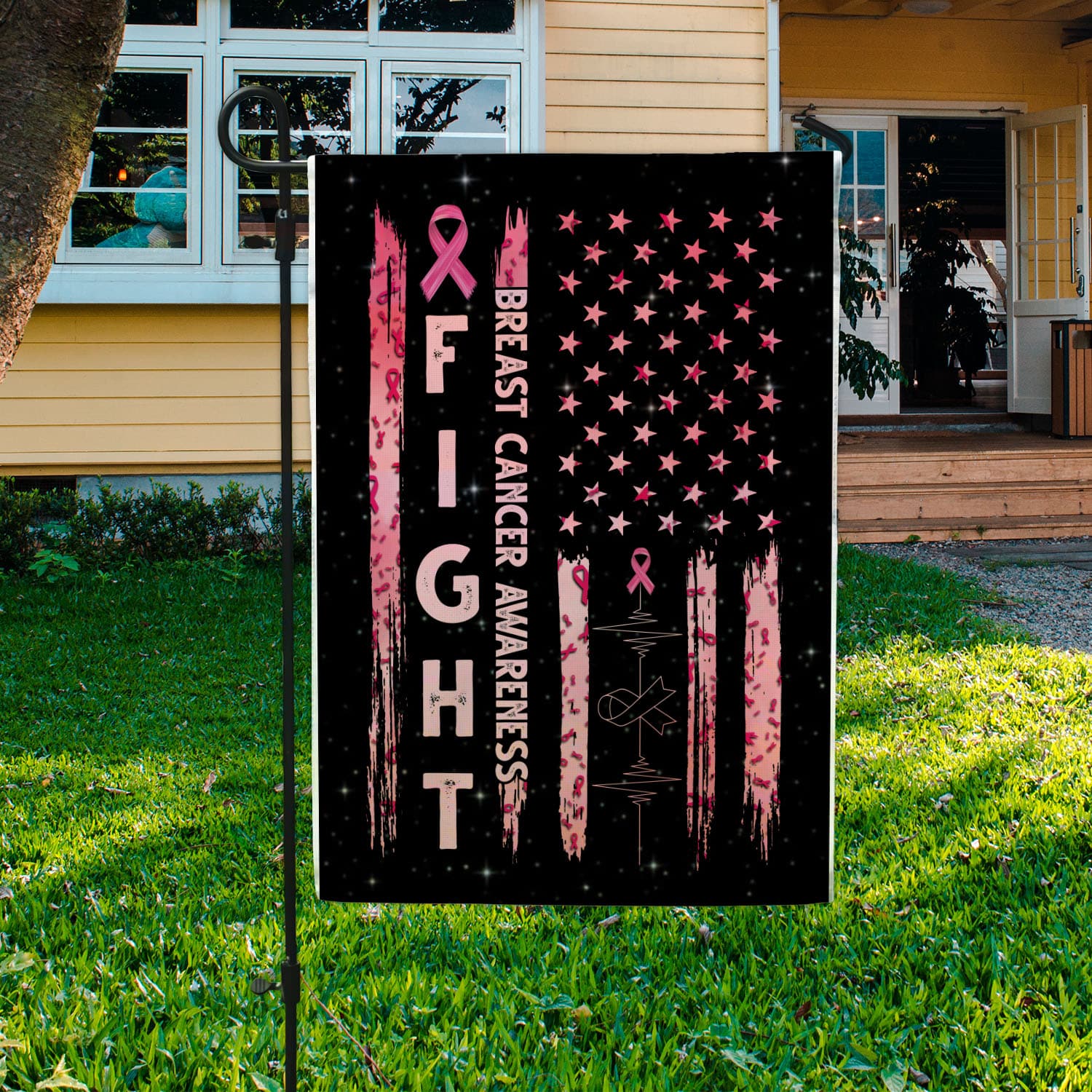 2UT. Fight Breast Cancer Side 1 Garden Flag Mockup 3