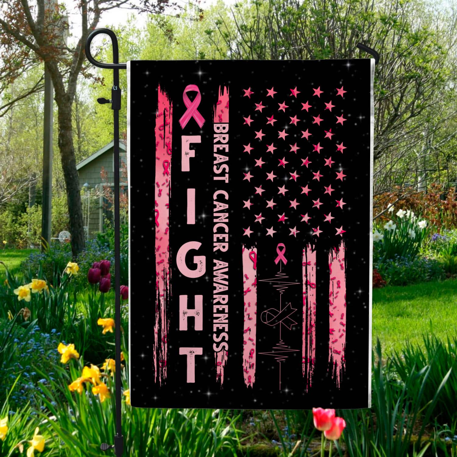2UT. Fight Breast Cancer Side 1 Garden Flag Mockup 5