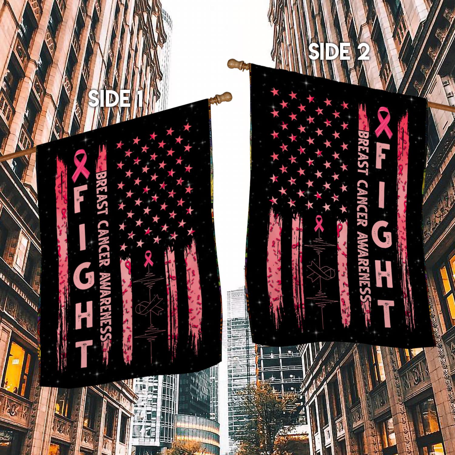 2UT. Fight Breast Cancer Side 1 House Flag Mockup 2 Side-1