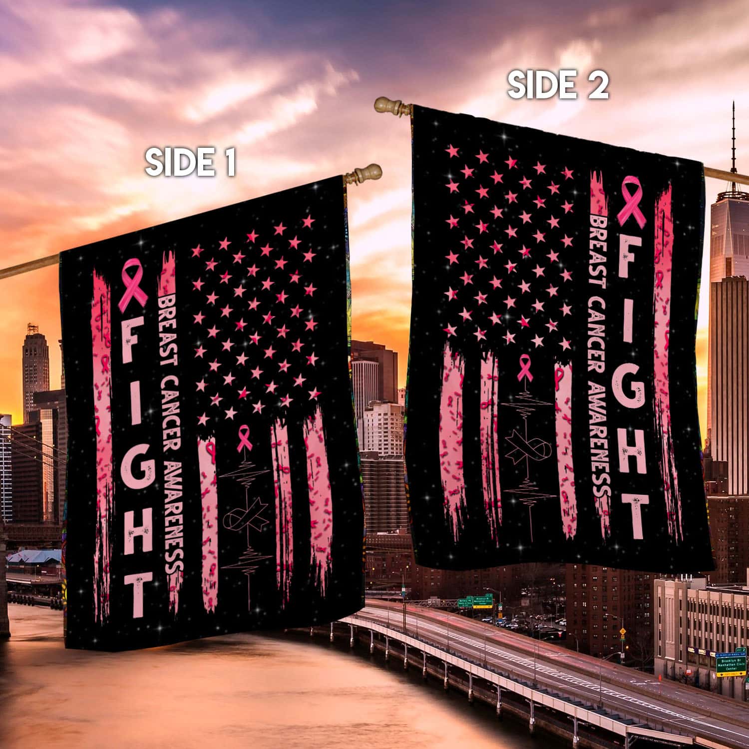 2UT. Fight Breast Cancer Side 1 House Flag Mockup 2 Side-2