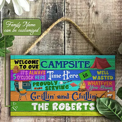Personalized Welcome To Our Campsite It's Always 5 O'clock Here Rectangle Wooden Door Sign - Front Porch Sign Outdoor