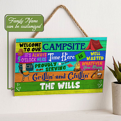 Alternative view of Personalized Welcome To Our Campsite It's Always 5 O'clock Here Rectangle Wooden Door Sign - Front Porch Sign Outdoor
