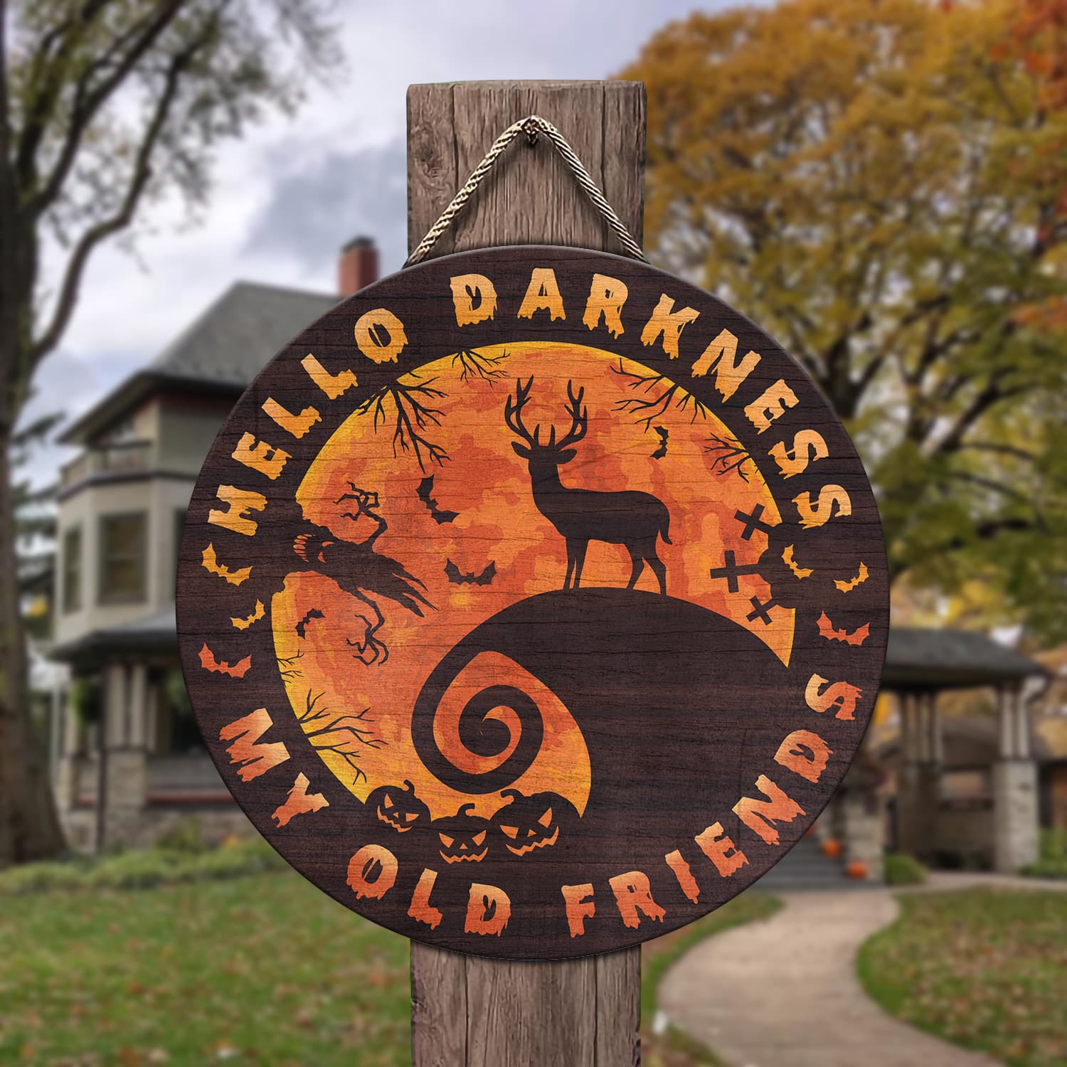 4KT. Deer Halloween Hello Darkness Circle Doorsign Door Sign Mockup 3