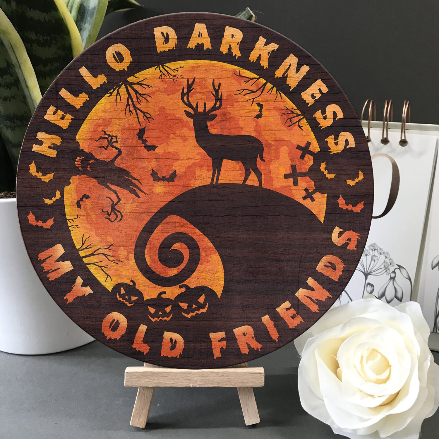 4KT. Deer Halloween Hello Darkness Circle Doorsign Door Sign Mockup 5