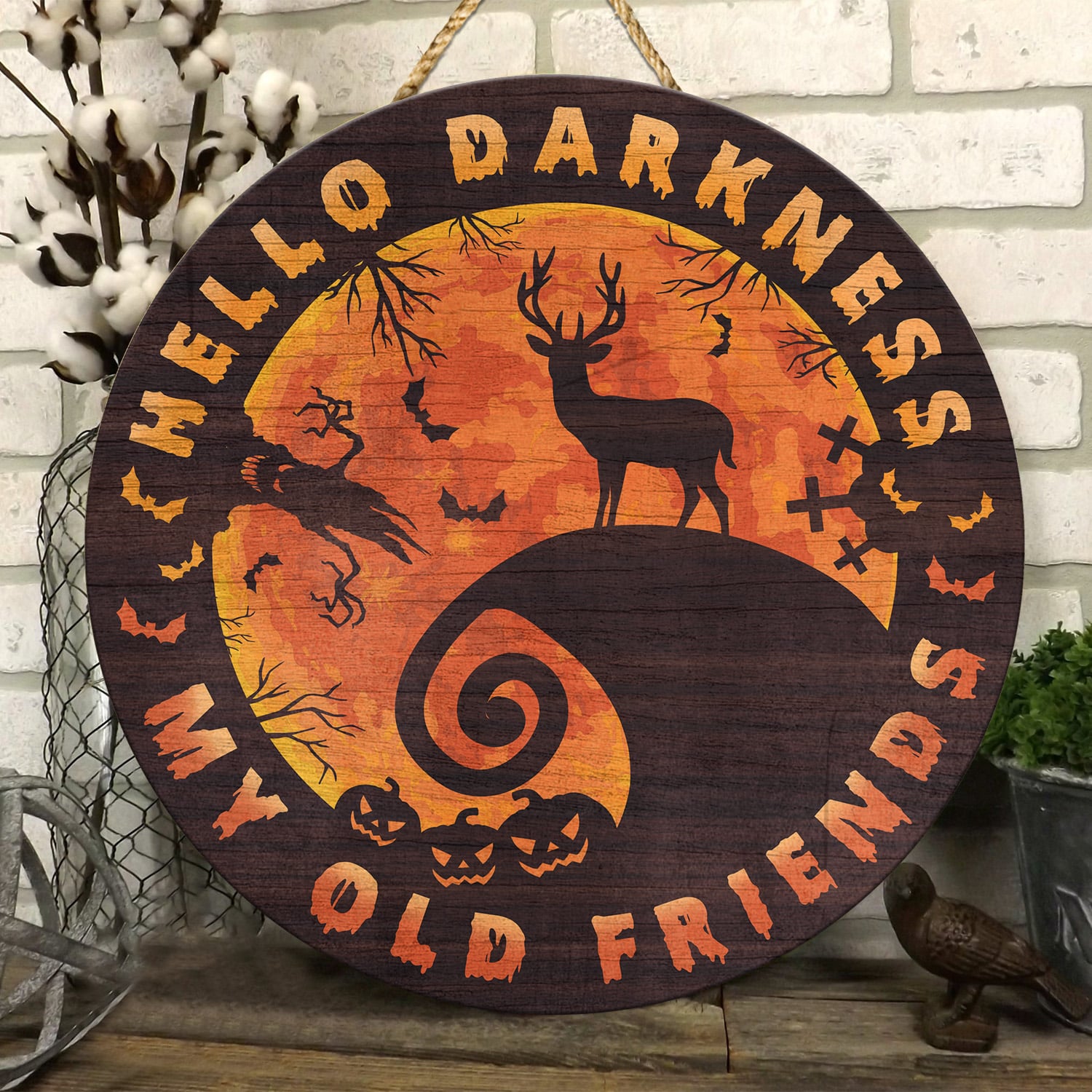 4KT. Deer Halloween Hello Darkness Circle Doorsign Door Sign Mockup 6