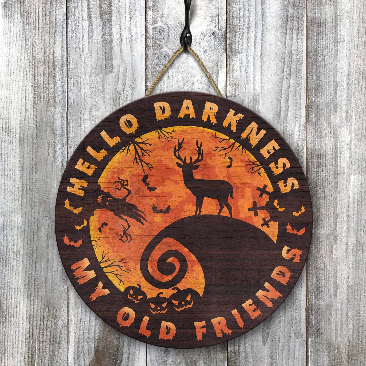 4KT. Deer Halloween Hello Darkness Circle Doorsign Door Sign Mockup 8