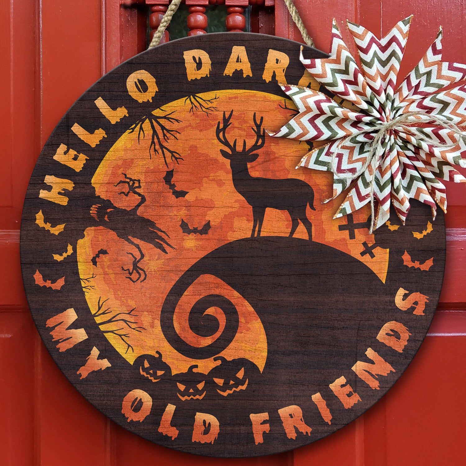 4KT. Deer Halloween Hello Darkness Circle Doorsign Door Sign Mockup 10
