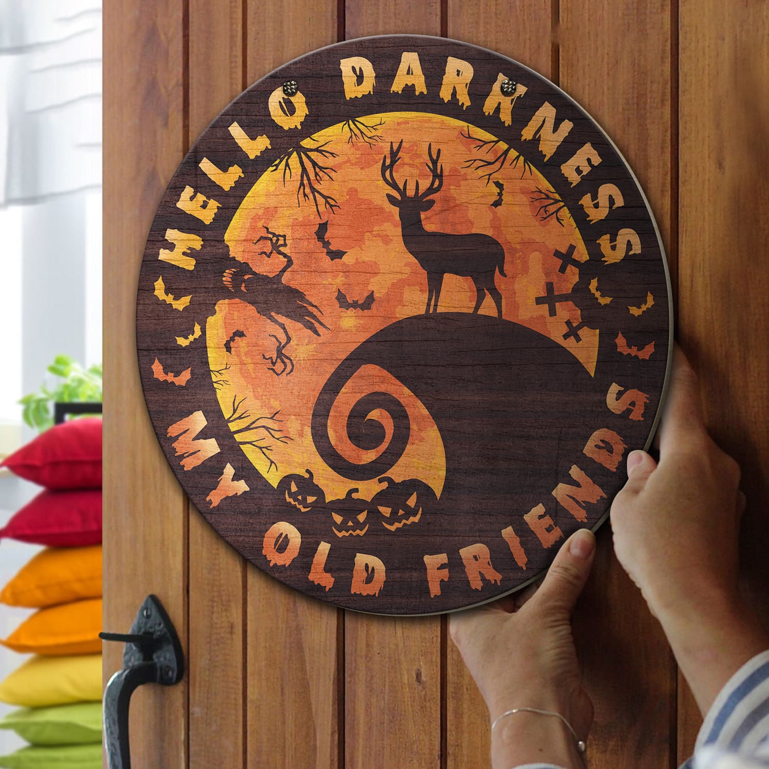 4KT. Deer Halloween Hello Darkness Circle Doorsign Door Sign Mockup 13