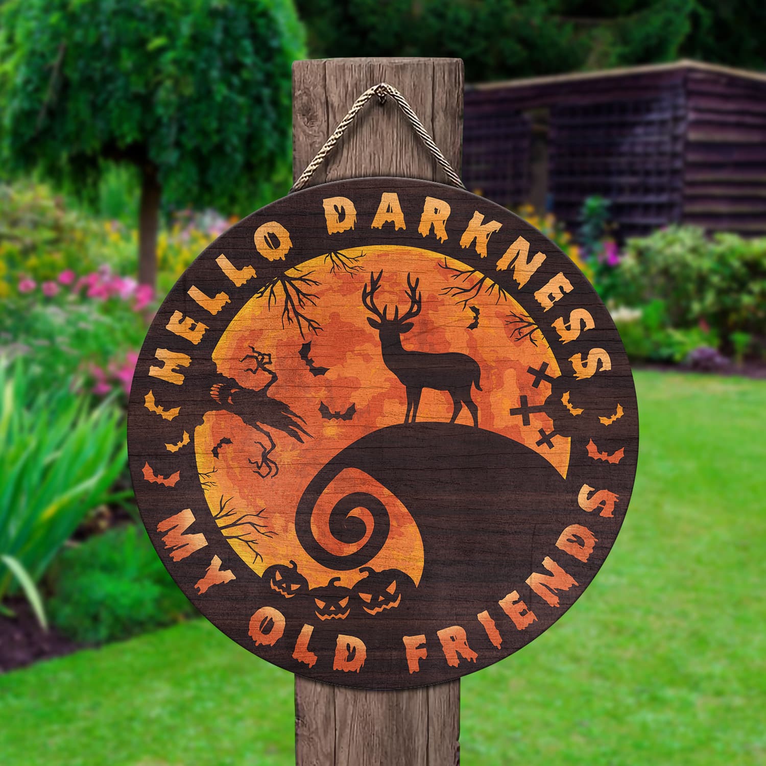 4KT. Deer Halloween Hello Darkness Circle Doorsign Door Sign Mockup 2