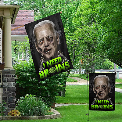 Alternative view of Funny Halloween Zombie Joe Biden I Need Brains Outdoor Indoor Decorative Garden Flag - House Flag - Wall Flag