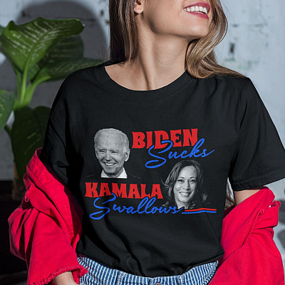 Alternative view of Biden Sucks Kamala Swallows T-shirt - V-neck - Anti Biden Harris Shirt - Biden Sucks Kamala Blows Shirt