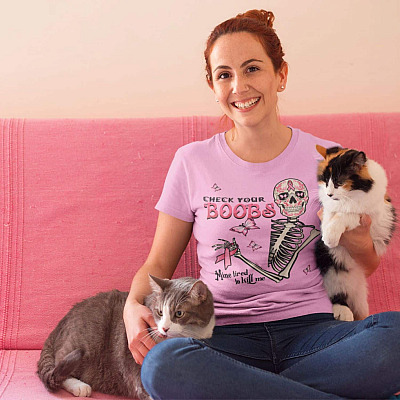 Alternative view of Check Your Boobs Mine Tried To Kill Me Halloween Ladies T-Shirt - Funny Skeleton Breast Cancer Support Shirt