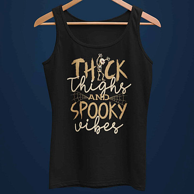 Alternative view of Thick Thighs And Spooky Vibes Cotton Tank Top Tee - Funny Halloween Spooky Vibes Ladies Racerback Tank