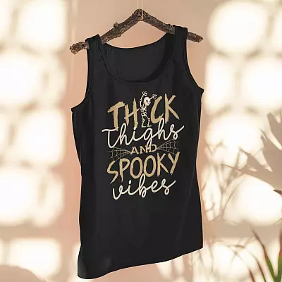 Thick Thighs And Spooky Vibes Cotton Tank Top Tee - Funny Halloween Spooky Vibes Ladies Racerback Tank