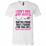 8VT. I Don't Hide My Scars Breast Cancer, White, V-Neck T-Shirt