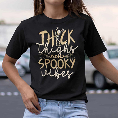 Thick Thighs And Spooky Vibes T-Shirt - Funny Halloween Spooky Vibes V-Neck Tee