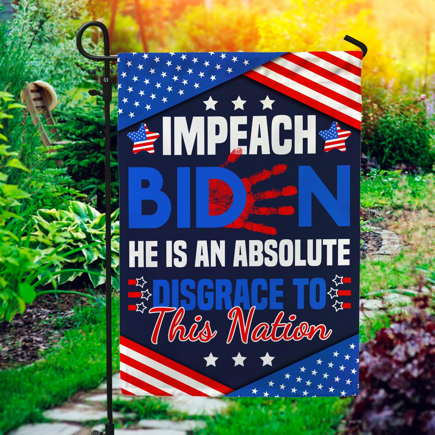 3NH. Disgrace To Nation Garden Flag Mockup 1