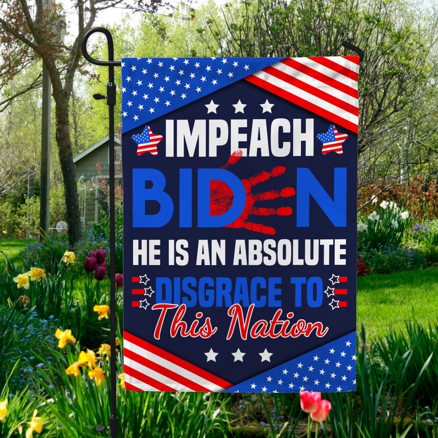 3NH. Disgrace To Nation Garden Flag Mockup 5