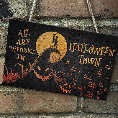 Alternative view of Nightmare Jack Sally All Are Welcome In Halloween Town Wooden Door Sign - Front Porch Sign Indoor Outdoor Decor