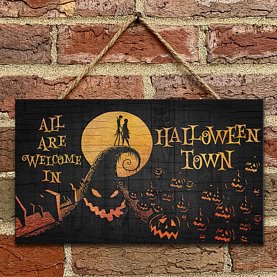 Nightmare Jack Sally All Are Welcome In Halloween Town Wooden Door Sign - Front Porch Sign Indoor Outdoor Decor