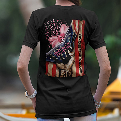 Alternative view of Daisy Breast Cancer Awareness No One Fights Alone Print On Back T-shirt - Breast Cancer American Flag Shirt