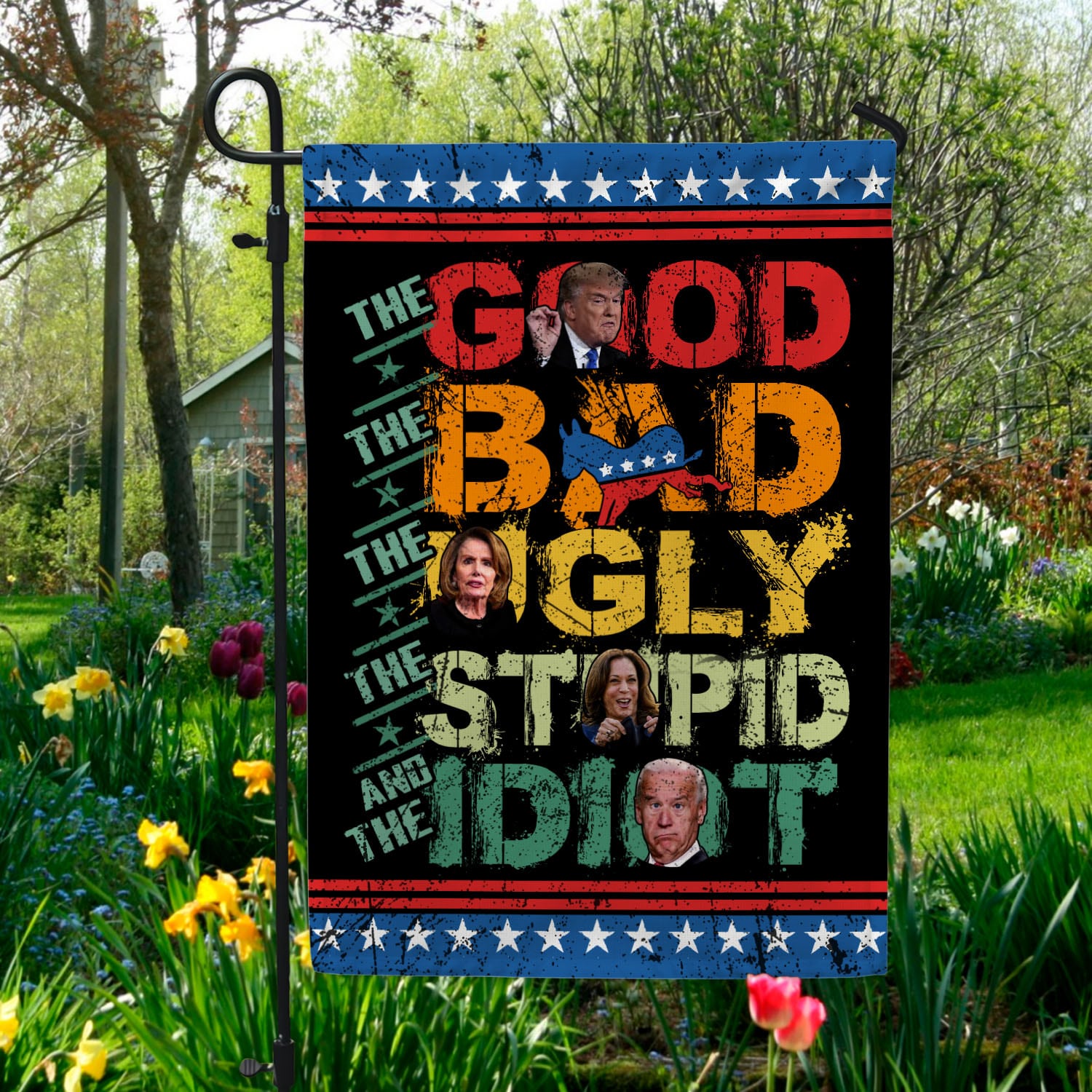 1VT. UU TIEN The Good The Bad And The Idiot flag Garden Flag Mockup 5