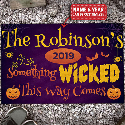 Custom Family Name Doormat Something Wicked This Way Comes Halloween Entrance Indoor Outdoor Decorative Doormat