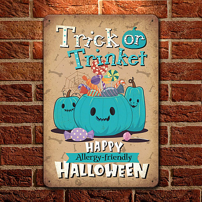 Trick Or Trinket Happy Allergy-Friendly Halloween Metal Sign - Halloween Teal Pumpkin Home Decor