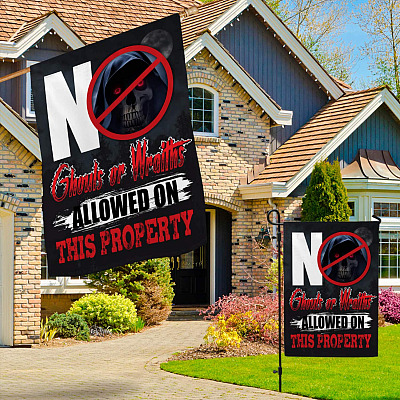 Alternative view of No Ghouls Or Wraiths Allowed On This Property Flag - Halloween Ghost Garden Flag - House Flag