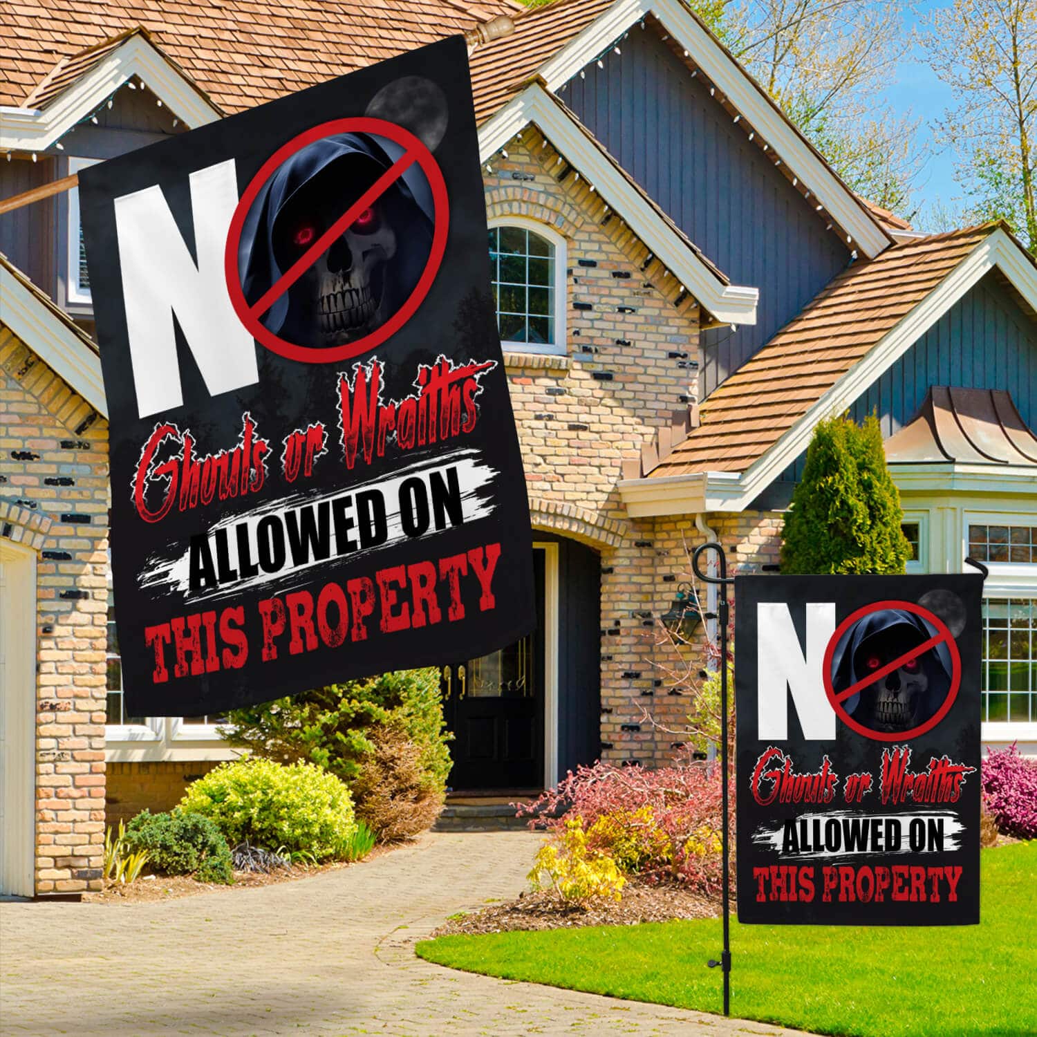 2TM. No Ghouls Or Wraiths (flag) 30x40 Garden & House Mockup 3