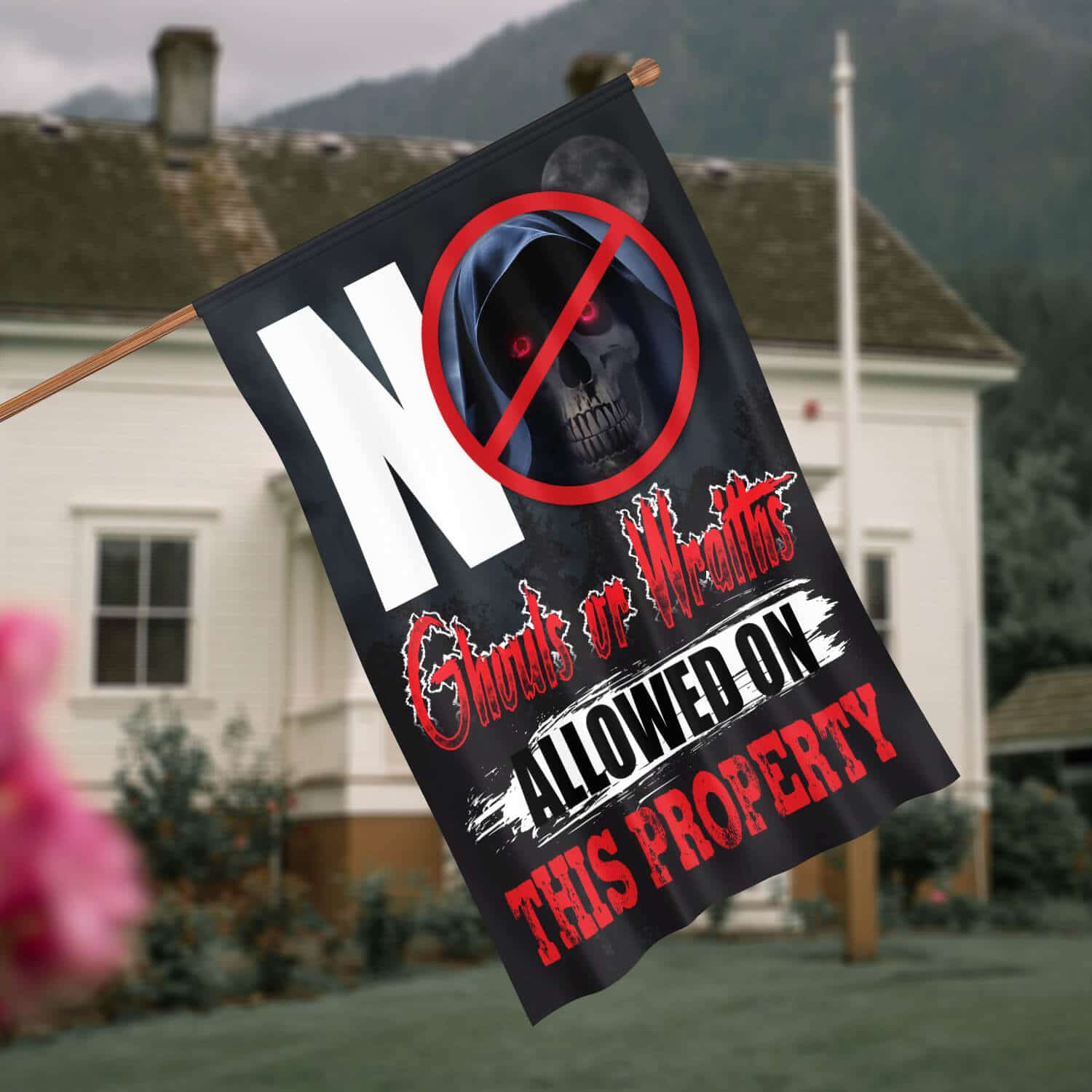 2TM. No Ghouls Or Wraiths (flag) 30x40 House Flag Mockup 4