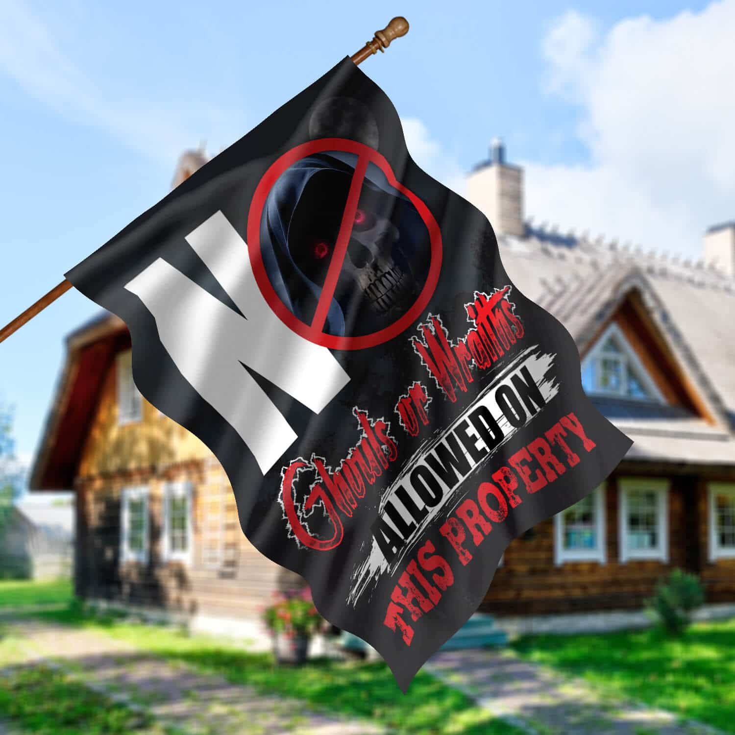 2TM. No Ghouls Or Wraiths (flag) 30x40 House Flag Mockup 5