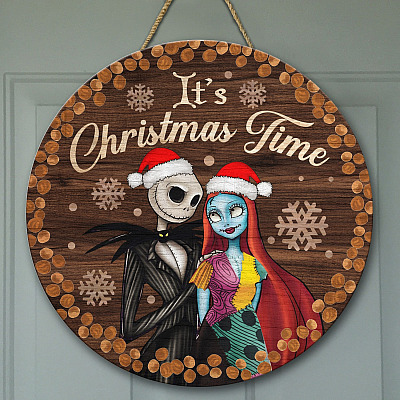 Jack Skellington It's Christmas Time Decorative Circle Wooden Door Sign-Front Porch Sign Indoor Outdoor Decor Farmhouse