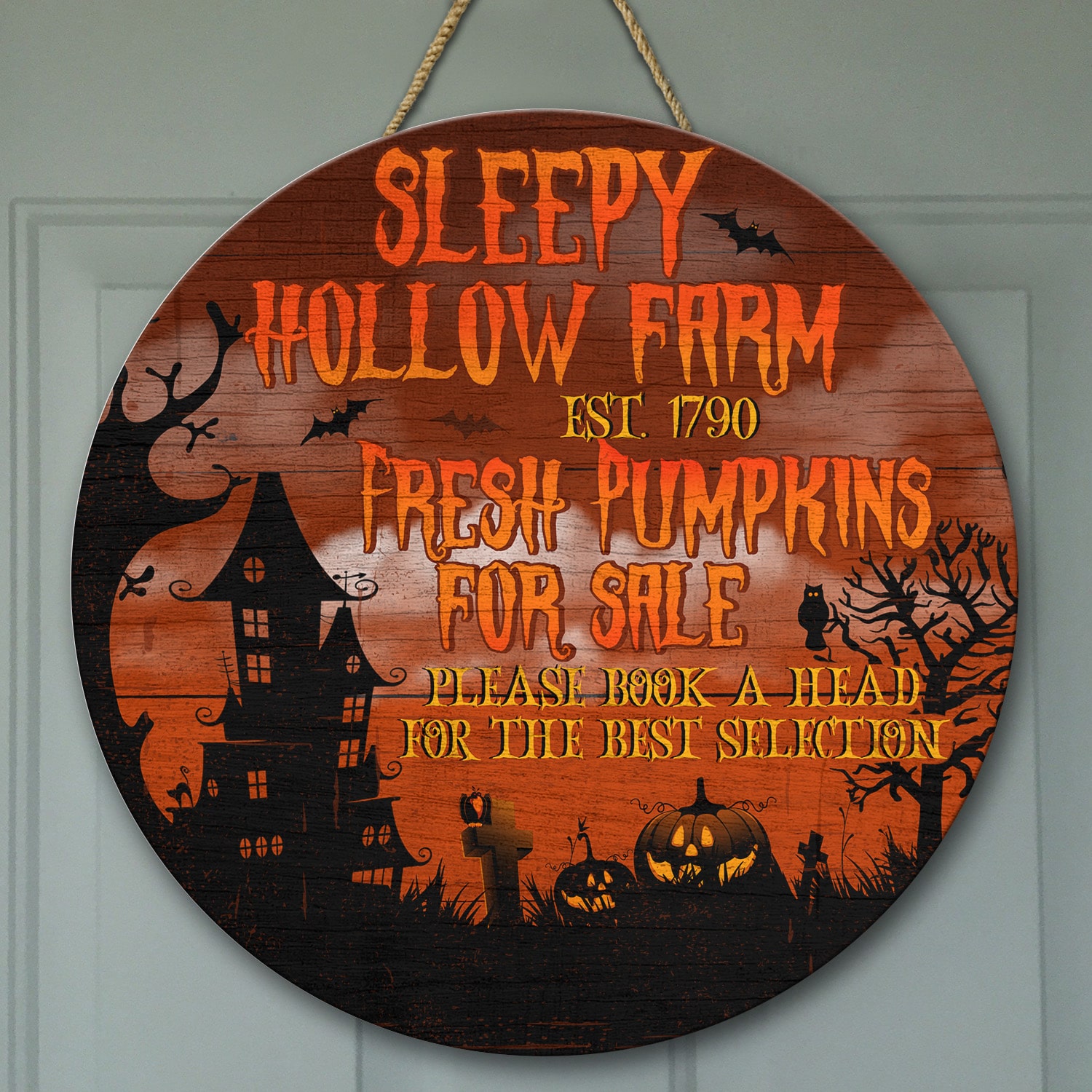 1LV. Sleepy Hollow Farm Door Sign Mockup 9