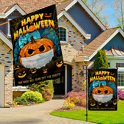 Alternative view of Happy Halloween Our Masks Will Scare Off The Spirits Flag - Funny Halloween Pumpkin Garden Flag - House Flag
