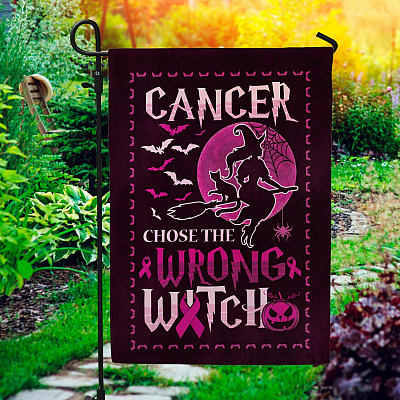 Cancer Choose the Wrong Witch Decorative Garden Flag-Halloween Breast Cancer Awareness House Flag-Pink Ribbon Wall Flag