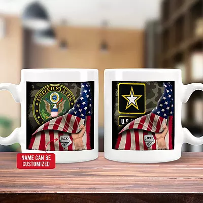 Personalized Name US Army Veteran Double-Sided Ceramic Coffee Mug - Beer Stein - Water Bottle - Color Changing Mug