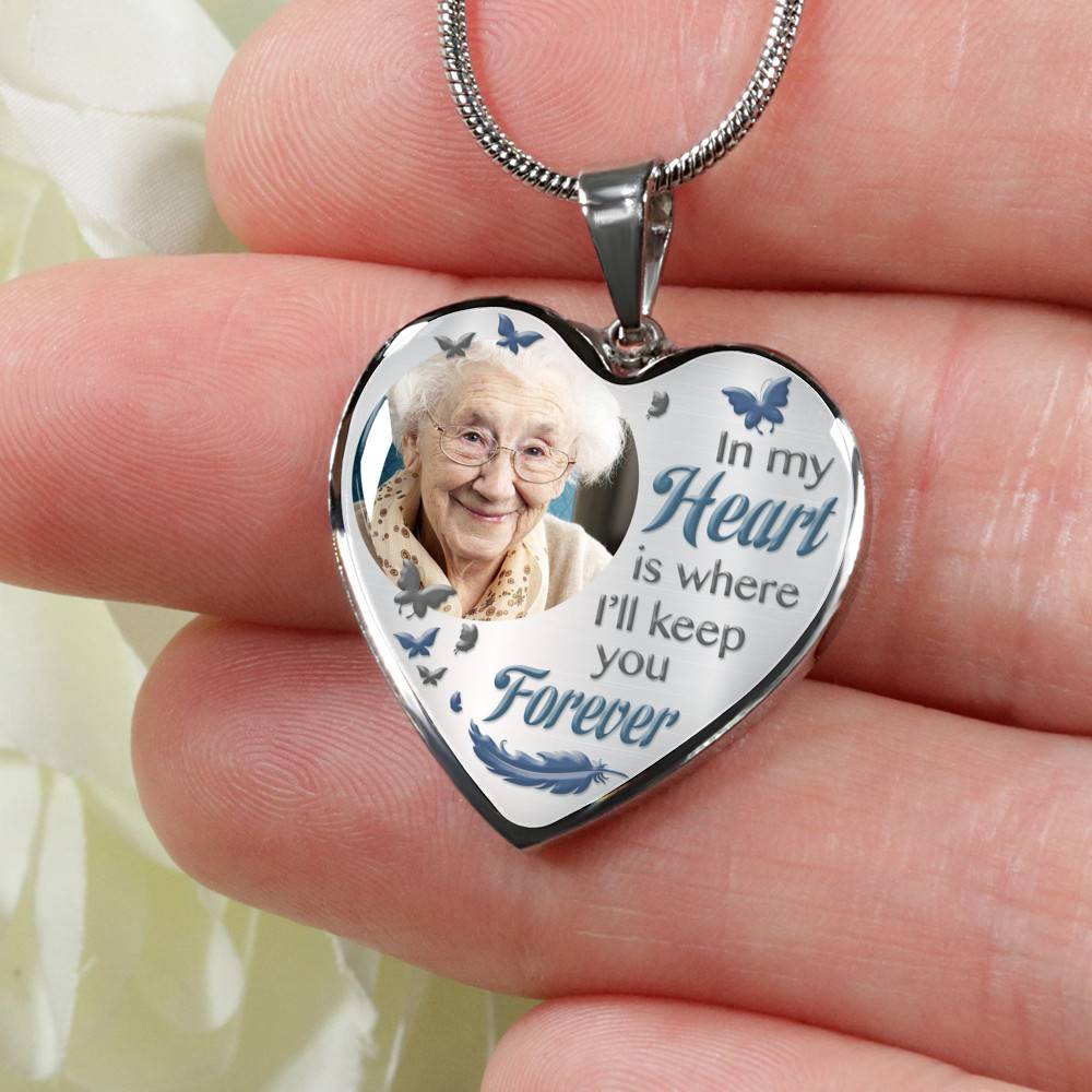 Custom Photo In My Heart Is Where I'll Keep You Forever Wings Personalized Memorial Heart Necklace - Bangle
