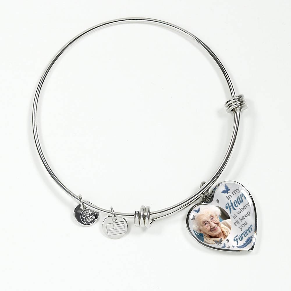 Custom Photo In My Heart Is Where I'll Keep You Forever Wings Personalized Memorial Heart Necklace - Bangle