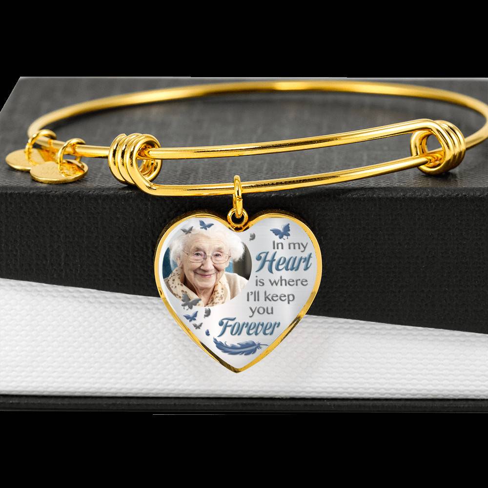 Custom Photo In My Heart Is Where I'll Keep You Forever Wings Personalized Memorial Heart Necklace - Bangle