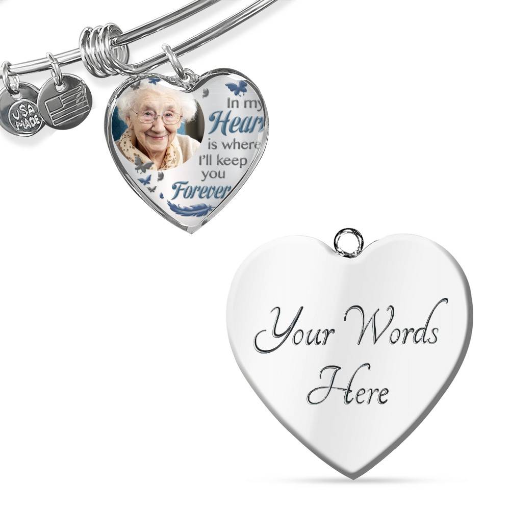 Custom Photo In My Heart Is Where I'll Keep You Forever Wings Personalized Memorial Heart Necklace - Bangle