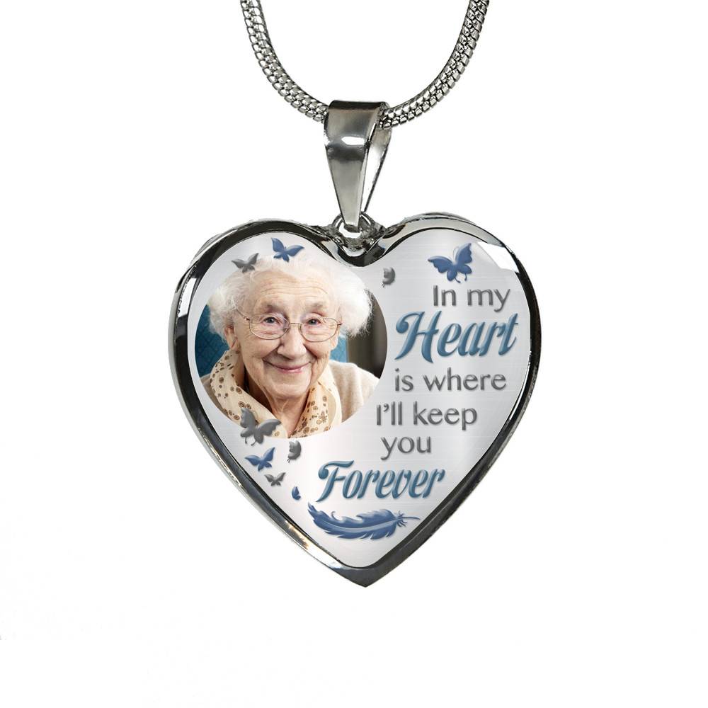 Custom Photo In My Heart Is Where I'll Keep You Forever Wings Personalized Memorial Heart Necklace - Bangle