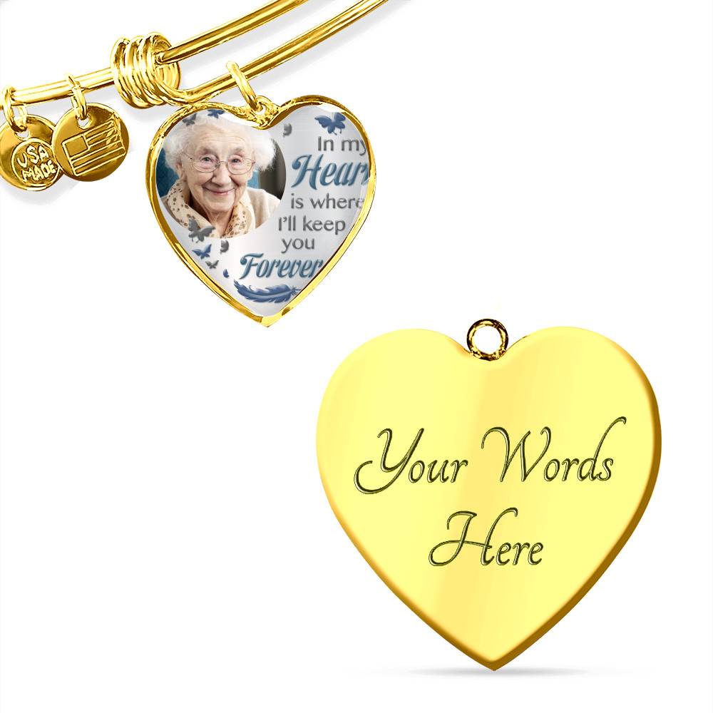 Custom Photo In My Heart Is Where I'll Keep You Forever Wings Personalized Memorial Heart Necklace - Bangle