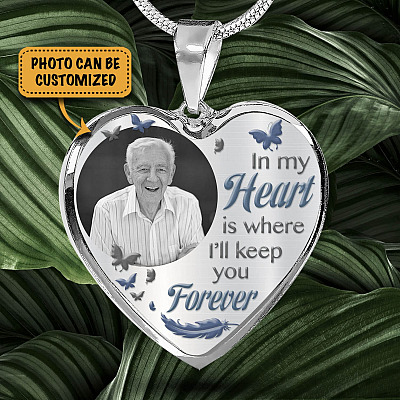 Custom Photo In My Heart Is Where I'll Keep You Forever Wings Personalized Memorial Heart Necklace - Bangle