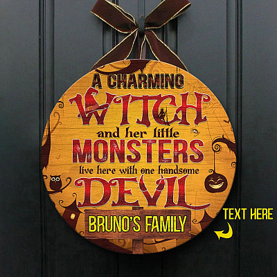 Alternative view of Custom Halloween Door Sign A Charming Witch And Her Little Monsters Live Here Decorative Circle Wooden Door Sign - Front Porch Sign