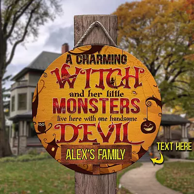 Custom Halloween Door Sign A Charming Witch And Her Little Monsters Live Here Decorative Circle Wooden Door Sign - Front Porch Sign